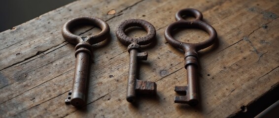 Rusty antique keys on weathered wood