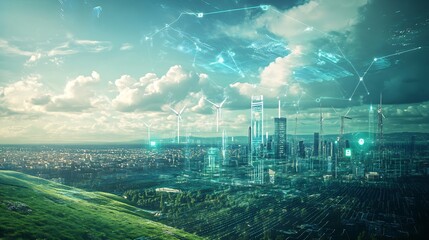 Futuristic representation of a Type I civilizations AIpowered smart grid using quantum computing to ensure efficient energy distribution from renewable sources across the planet