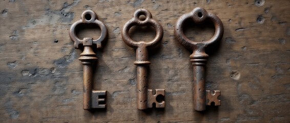 Three antique keys on a weathered wooden surface