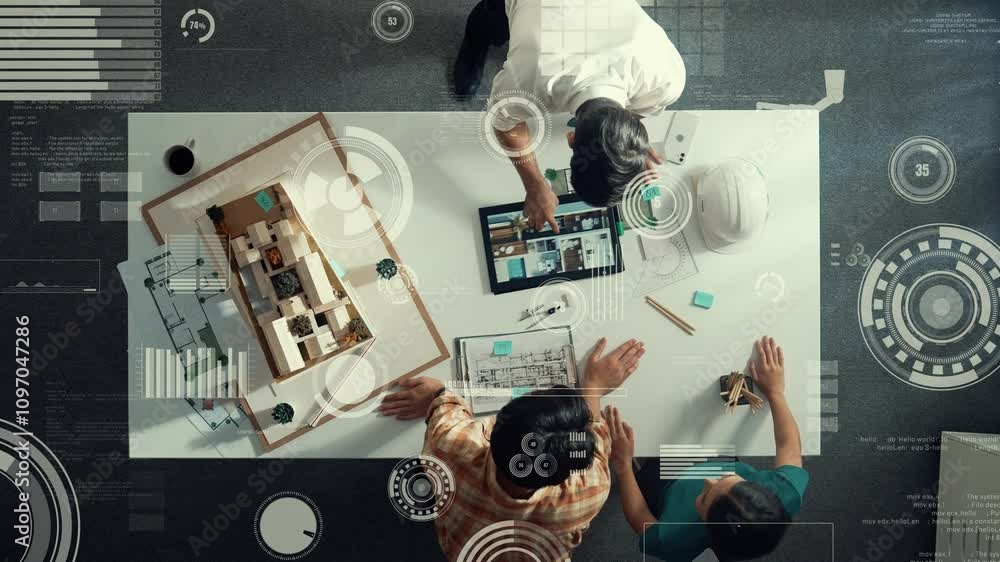 Aufkleber top down aerial view of team looking at blueprint and talking about financial chart or investment st