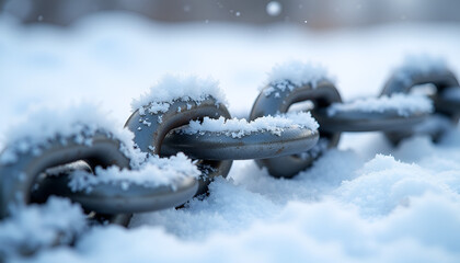 Close-up of a metal chain covered in snow, showcasing winter's icy touch in a serene outdoor setting