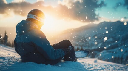 Snowboarder resting on a hill with the sun shining brightly overhead.