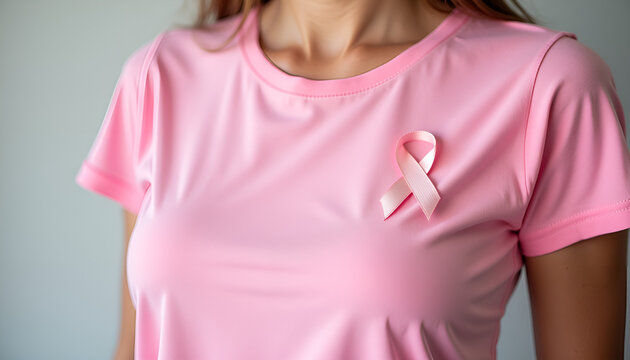 Woman in a pink shirt wearing a pink ribbon symbolizing breast cancer awareness and support - Powered by Adobe