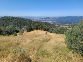 Fototapeta premium Hiker on the slopes of Mt Diablo enjoying views of the cities below