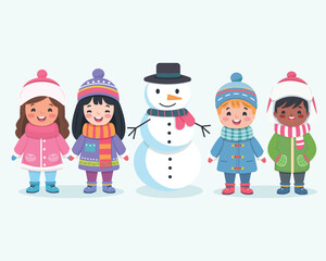 Merry Christmas concept. Cute and friendly multinational children holding hands and snowman on white background. Poster, Banner, Flyer, Greeting Card. Vector illustration in flat cartoon style
