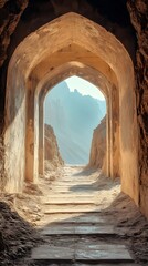 Mystical archway leading to a serene, mist-covered landscape.