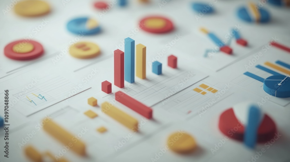 Poster A colorful array of 3D graphs and charts representing data analysis and statistics.