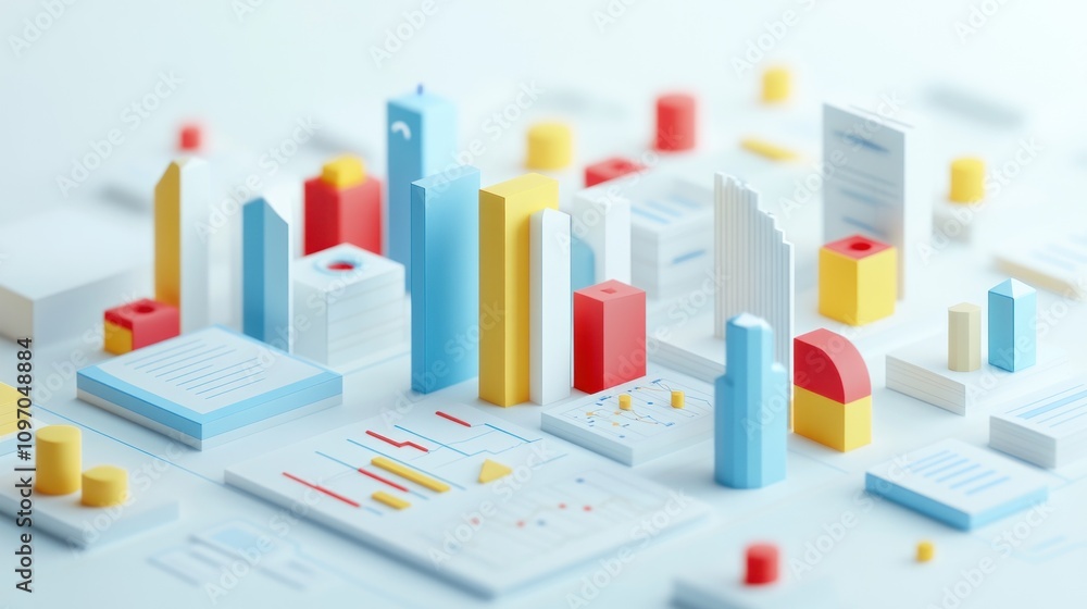 Poster A colorful 3D cityscape model showcasing buildings and data visualization elements.