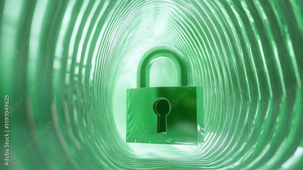 Poster A green padlock appears within a cylindrical tunnel, symbolizing security and protection.