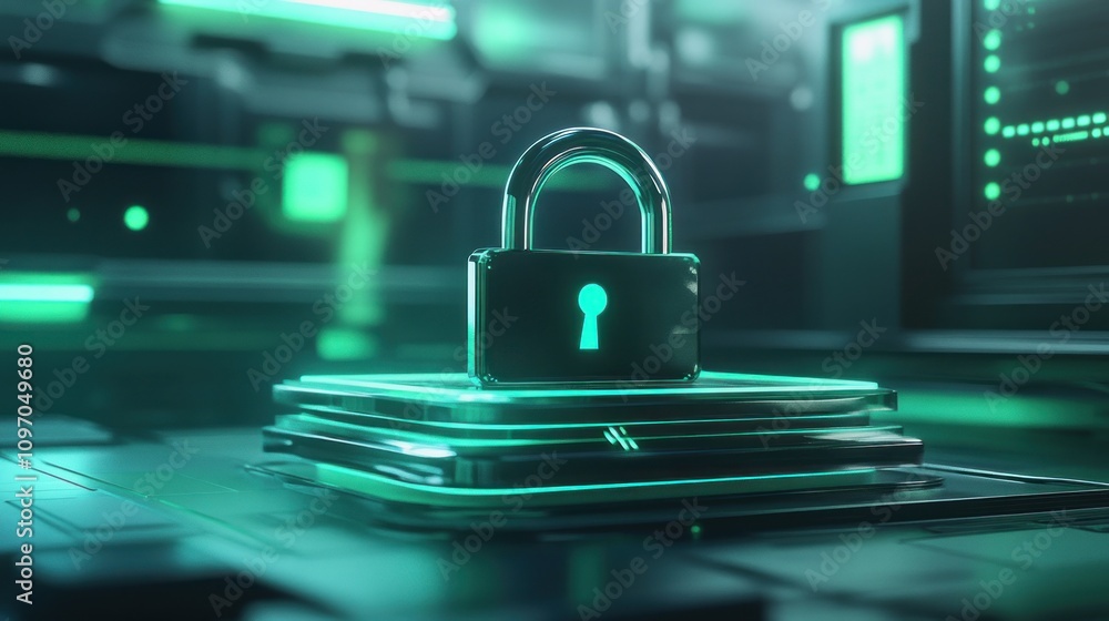 Aufkleber a digital padlock symbolizes cybersecurity and data protection in a high-tech environment.