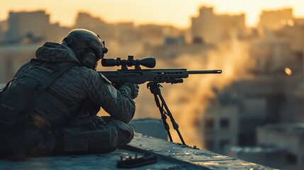 Fototapeta premium Sniper aiming rifle on rooftop at sunset, urban warfare scene.
