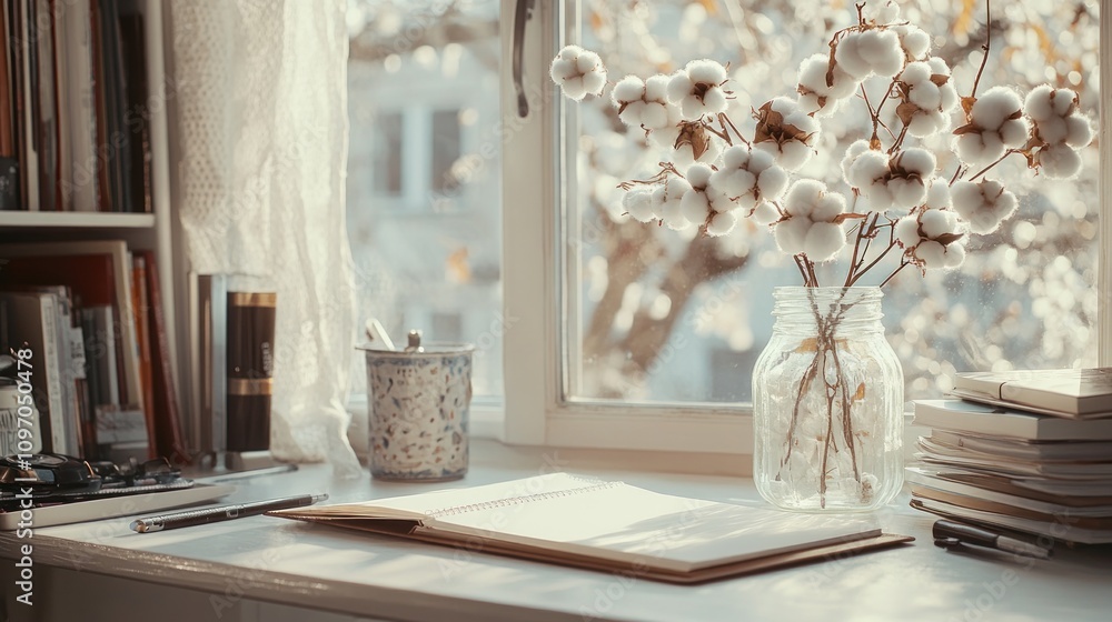 Poster A cozy workspace by a window featuring cotton branches in a jar and an open notebook.