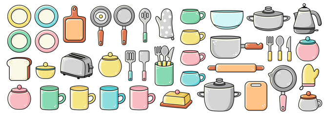 Very big set of kitchen tools, cute equipment. Vector icon, illustration cup, plate, pot, pan, kettle, butter dish, sugar bowl, toaster, bread, kitchen board, fork, knife isolated on white background