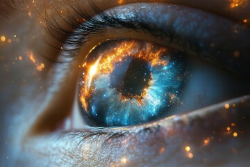 futuristic artwork depicting a vibrant galaxy reflected in a human eye, merging elements of space and humanity, creating a thought-provoking image of wonder and exploration