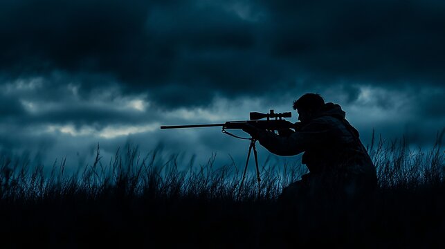 Silhouetted sniper aiming rifle at night in tall grass under stormy sky.