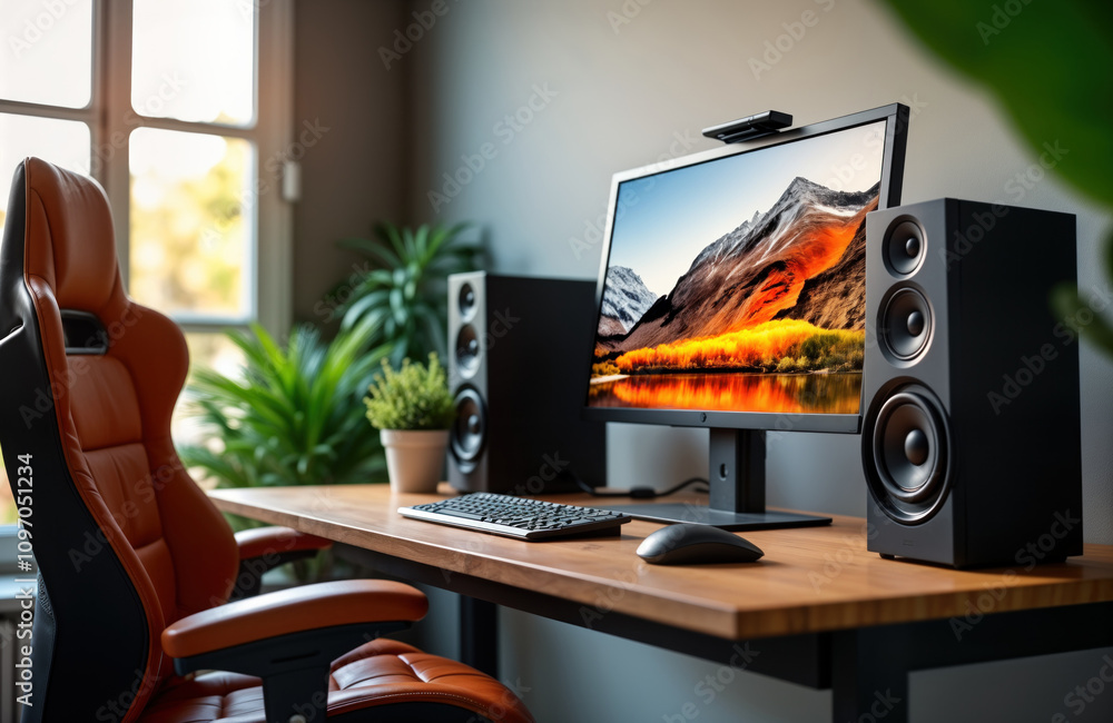 Poster modern office workspace features sleek pc setup. desk computer monitor speakers keyboard mouse. room