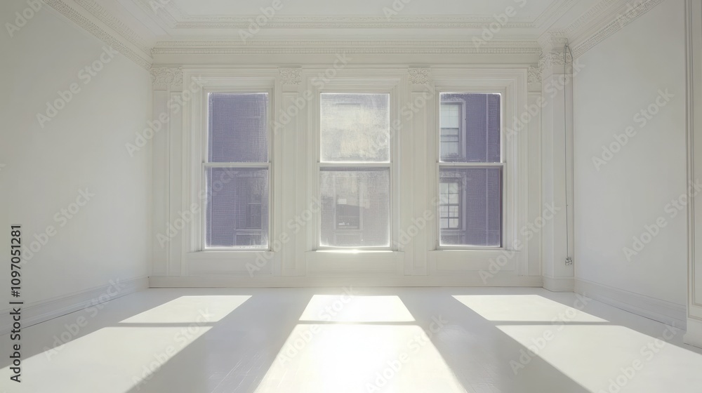 Poster a bright, empty room with large windows and sunlight casting shadows on the floor.