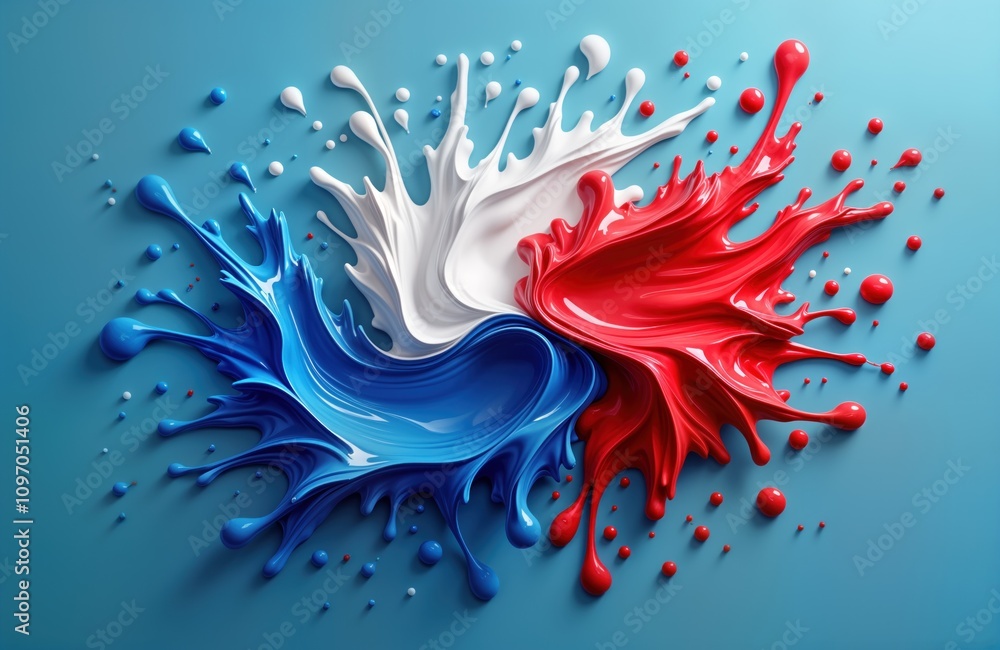 Aufkleber Abstract art red white blue paint splash. Liquid fluid mix blend. Dynamic vibrant color drops. Creative design element. Bright color background. Swirl pattern. Generative AI artwork.