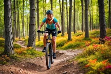 Naklejka premium Fearless Female Biker Riding Summer Forest Trails in Vibrant Nature