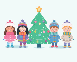Merry Christmas concept. Cute and friendly multinational children holding hands and Christmas tree on white background. Poster, Banner, Flyer, Greeting Card. Vector illustration in flat cartoon style