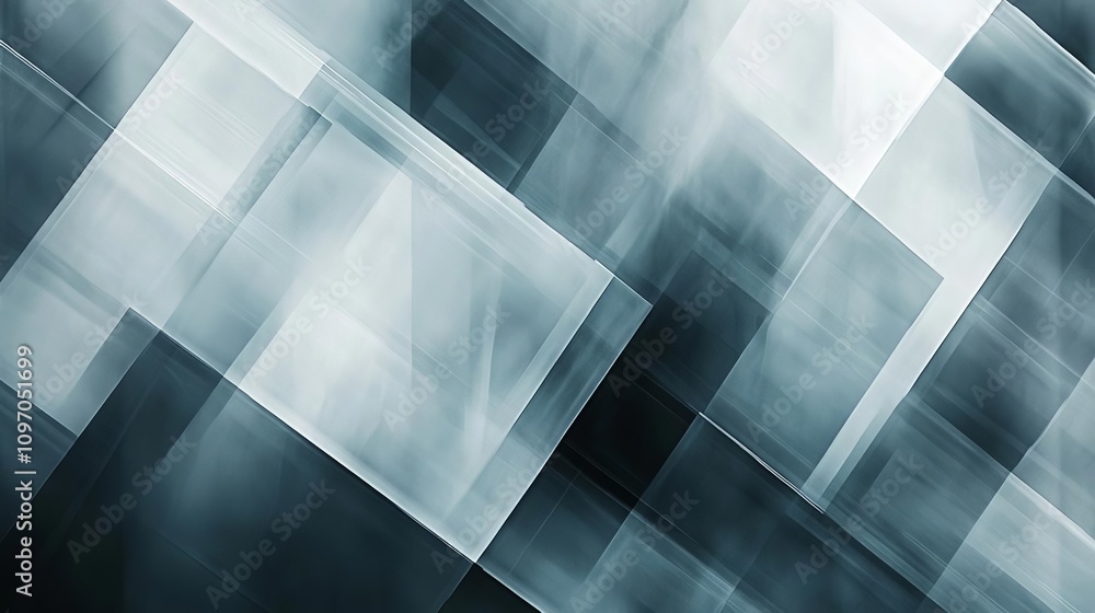 Poster an abstract composition of layered translucent shapes in shades of blue and gray, creating a visuall