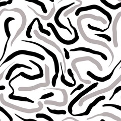 Seamless abstract geometric pattern. Background in black, brown, white. Illustration. Lines, curves. Design for textile fabrics, wrapping paper, background, wallpaper, cover.