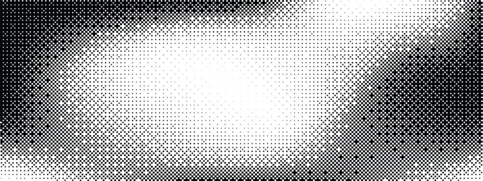 Pixel dithering gradient. Bitmap texture background. Black and white random pixels pattern. Retro glitchy vector art illustration. Monochromatic dissolve effect. 8 bit video game screen wallpaper.