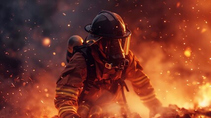 A firefighter trains in a controlled fire, showcasing skills in managing flames and heat