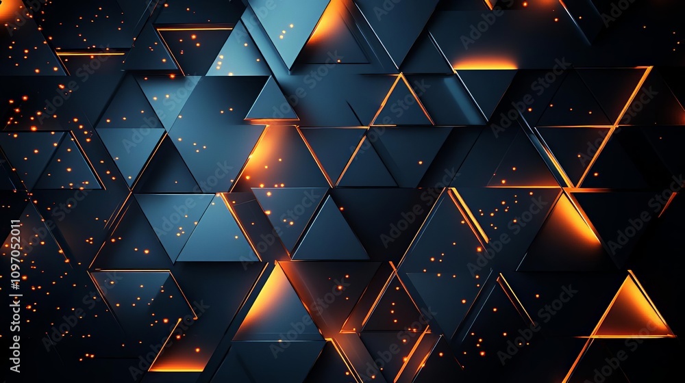 Poster an abstract design featuring a dynamic arrangement of triangular shapes in dark colors, illuminated 