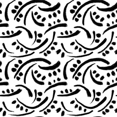 Seamless abstract textured pattern. Simple background with black lines, dots on white. Digital brush strokes. Lines, dots. Design for textile fabrics, wrapping paper, background, wallpaper, cover.