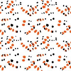 Seamless abstract textured pattern. Simple background with orange, black dots on white. Digital brush strokes. Design for textile fabrics, wrapping paper, background, wallpaper, cover.