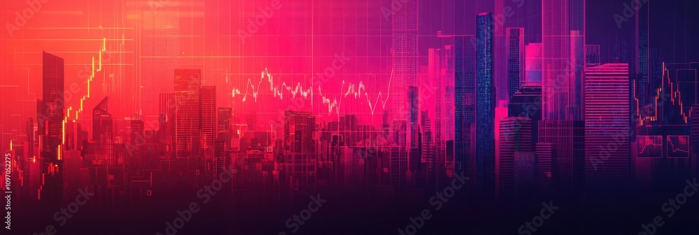 Poster a vibrant city skyline with abstract data visualizations and colorful gradients, suggesting a modern