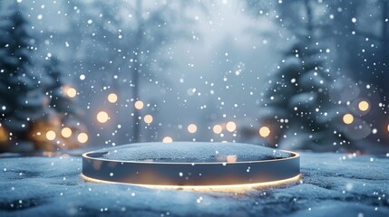 Stylish minimalist podium in a serene winter setting with snowflakes and soft ambient lighting