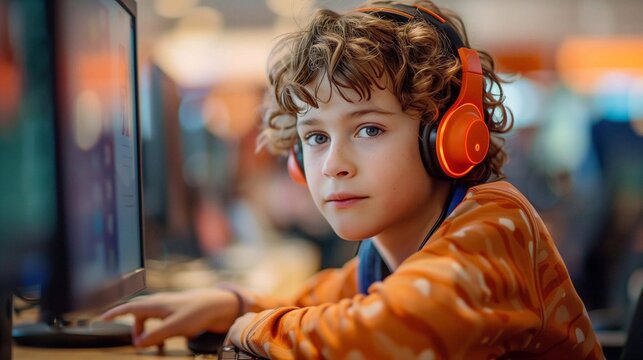 A young boy wearing headphones interacts with autism technology in a lively setting