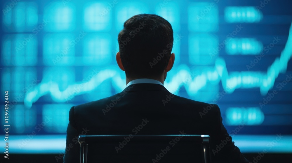 Poster a person in a suit observes a digital screen displaying financial graphs, symbolizing analysis and d