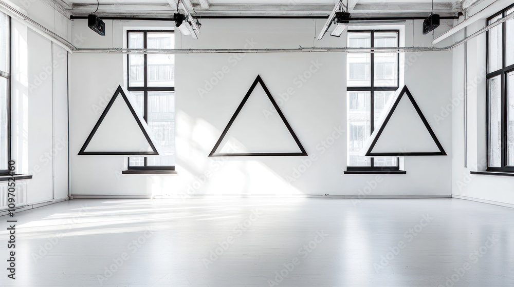 Poster a minimalist interior featuring triangular shapes on white walls and large windows.