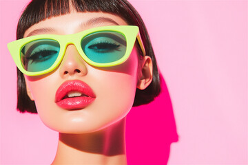 Close-up portrait of a fashion model wearing stylish neon green sunglasses and bright pink lipstick, posing against a vibrant pink backdrop, creating a bold and fashionable look