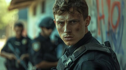 Fototapeta premium A focused bodyguard stands ready in a gritty urban setting with officers nearby