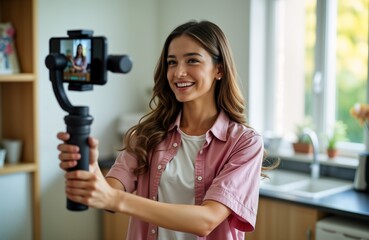 Smiling young woman films video using phone stabilizer. Casual attire home office. Happy entrepreneur creates online content. She works remotely. Marketing business.