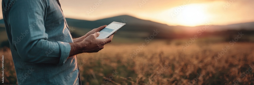 Poster a person is using a smartphone while standing in a field at sunset, surrounded by mountains and natu