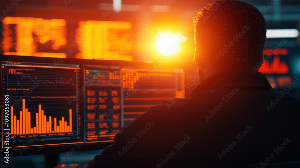 Poster a person analyzes data on multiple screens, illuminated by a warm glow, in a high-tech environment f