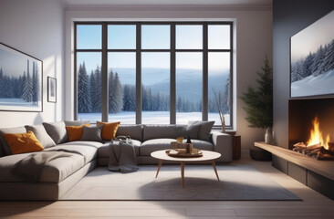 Obraz premium Concepts of luxury living, winter retreats, or serene home environments, this image highlights contemporary elegance and tranquility. Modern Living Room with Winter Landscape View and Cozy Fireplace.