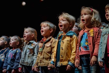 Young children showcase their singing talents on stage, filling the auditorium with joy