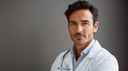 Obraz premium A dermatologist stands confidently in a well-lit office wearing a white coat and a stethoscope