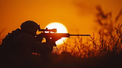 Silhouetted sniper aiming rifle at sunset. (1)