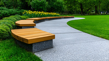 A modern curved bench made of wood and stone sits along a paved pathway in a lush green park, surrounded by vibrant landscaping.