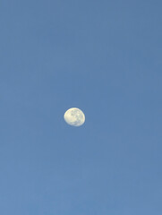 Close-up of a half-moon captured during the day, with detailed surface features set against a clear...