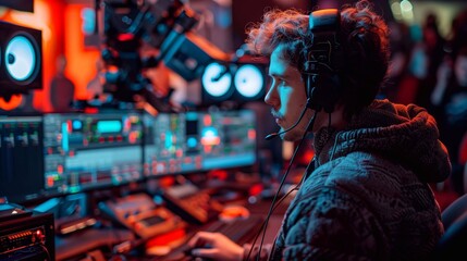 Fototapeta premium An individual focuses intently on a live broadcast setup surrounded by colorful lights and screens