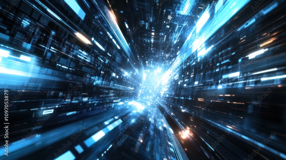 Aufkleber abstract digital visualization depicting light streaks in a futuristic environment.