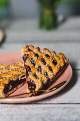 Cherry cake, Cherry pie, A piece of cherry tart on a pink plate, cherry tart homemade dessert, two pieces of shortbread with cherries on a pink plate 